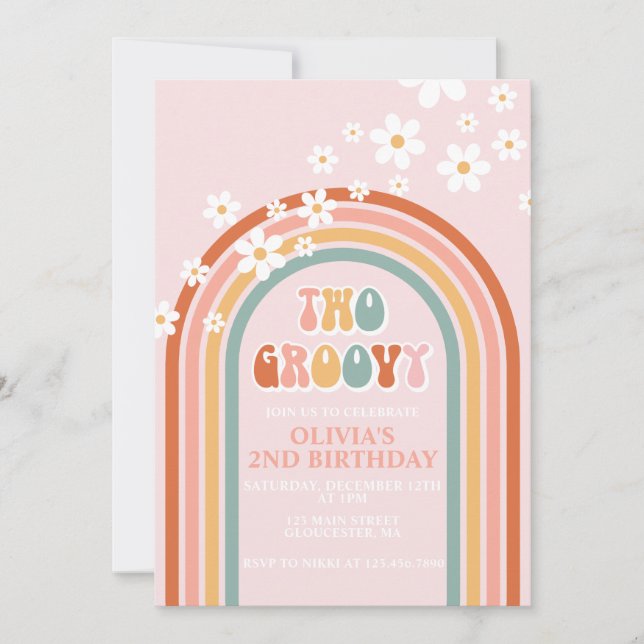 Convites Dois groovy daisy boho floral arco-íris 2º anivers (Frente)