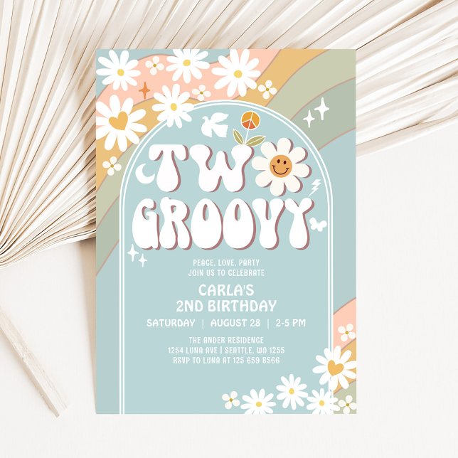 Convites Dois Groovy Daisy Hippie 2º Aniversário Retro (Criador carregado)