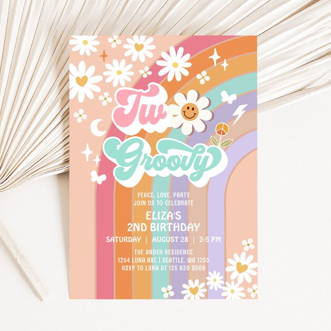 Convites Dois Groovy Hippie Daisy Rainbow 2º Aniversário (Criador carregado)