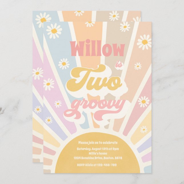 Convites Dois Groovy Hippie segundo aniversário Sunshine Da (Frente/Verso)