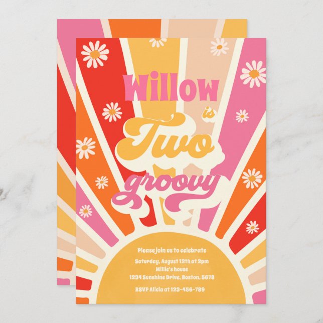 Convites Dois Groovy Hippie segundo aniversário Sunshine Da (Frente/Verso)