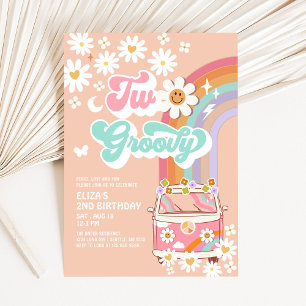 Convites Dois Groovy Pink Daisy Rainbow Van 2º Aniversário