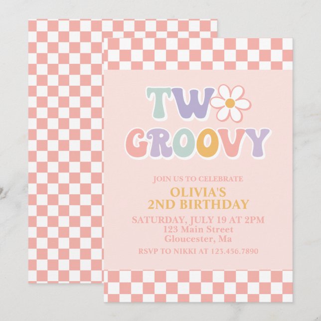 Convites Dois Groovy Retro Daisy e Checker 2º Aniversário (Frente/Verso)