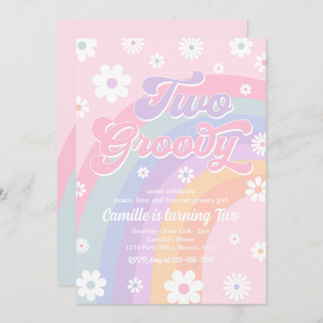 Convites Dois Groovy Retro Daisy Pastel Rainbow Aniversário (Frente/Verso)