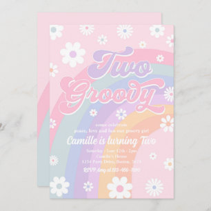 Convites Dois Groovy Retro Daisy Pastel Rainbow Aniversário
