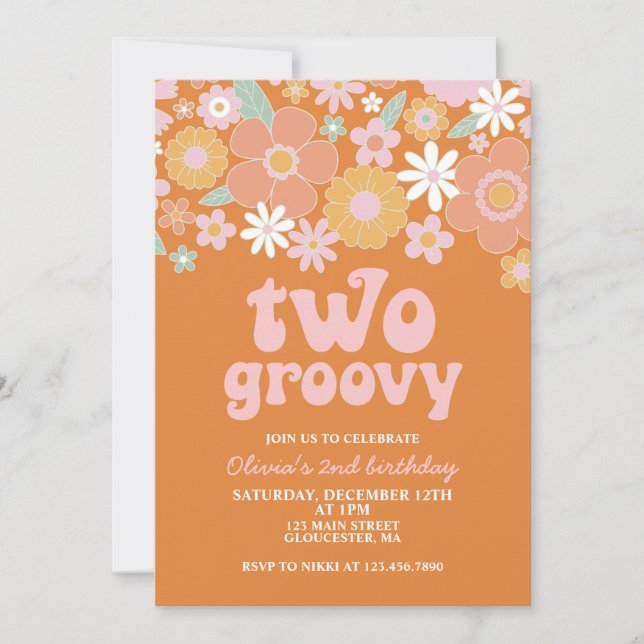 Convites dois Groovy Retro Floral 2º aniversário (Frente)