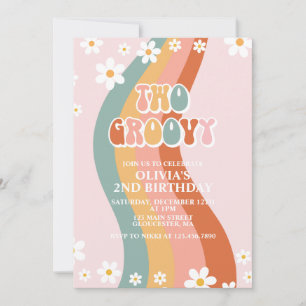 Convites Dois Groovy Retro margarida arco-íris 2º aniversár