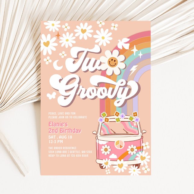 Convites Dois Groovy Rosa Margarida Arco-Íris Hippie 2º Ani (Criador carregado)