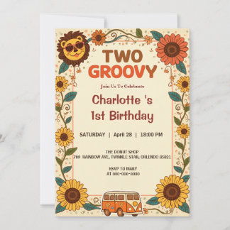 Convites Dois Leão Groovy Aniversário Retro 70s 2º Aniversá