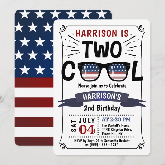 Convites Dois Legal 4 De Julho De Boys segundo aniversário (Frente/Verso)