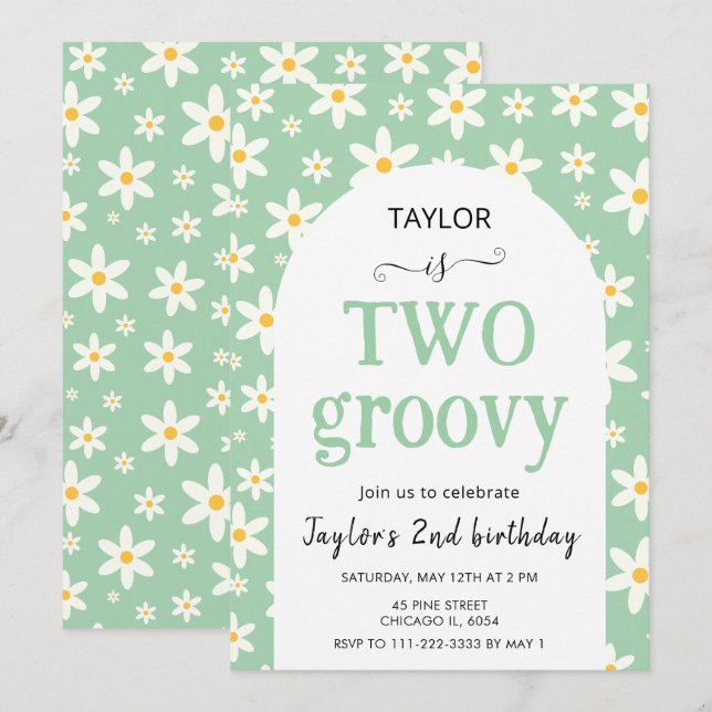 Convites DOIS lindos Verde Menta Daisy 2º Aniversário (Frente/Verso)
