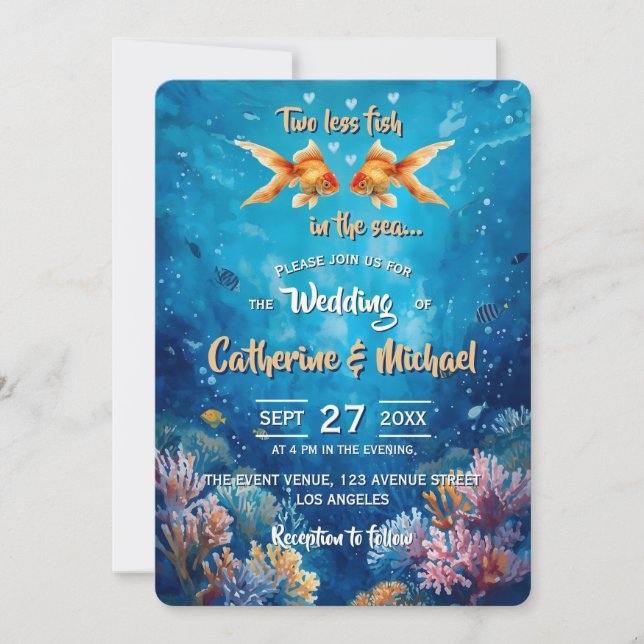 Convites Dois Menos Peixes No Casamento Subaquático (Frente)