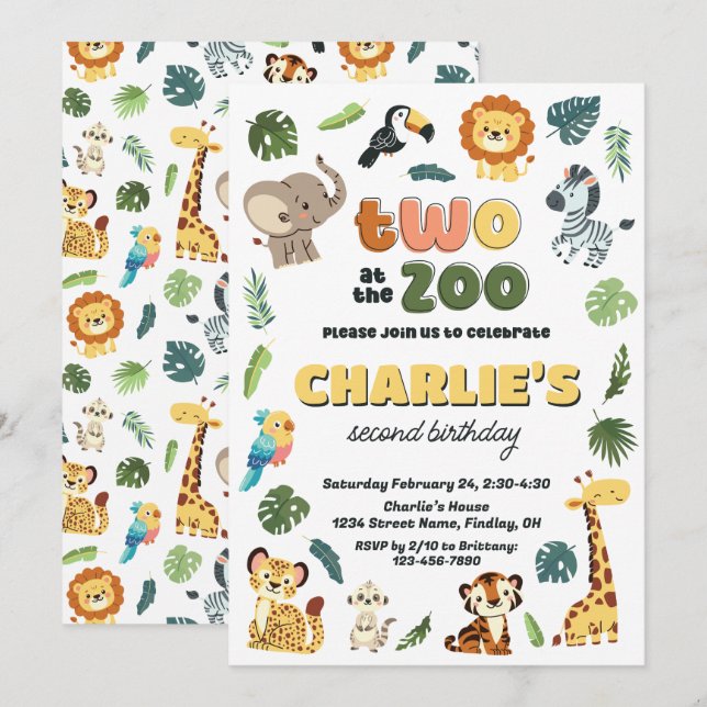 Convites Dois na Festa de aniversário do Zoo Animal Safari (Frente/Verso)