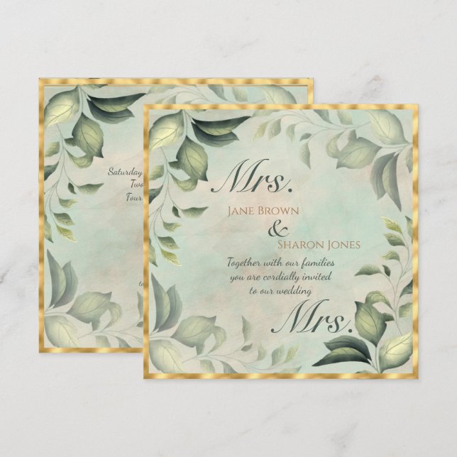 Convites Dois Noivos Casamento Lésbico Aquarela Folhagem (Frente/Verso)