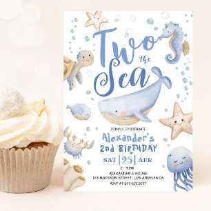 Convites DOIS O Mar 2º Aniversário Menino Azul Fofo Oceano