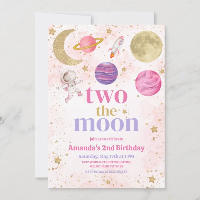 Convites Dois para a Lua Aniversário Menina (Frente)