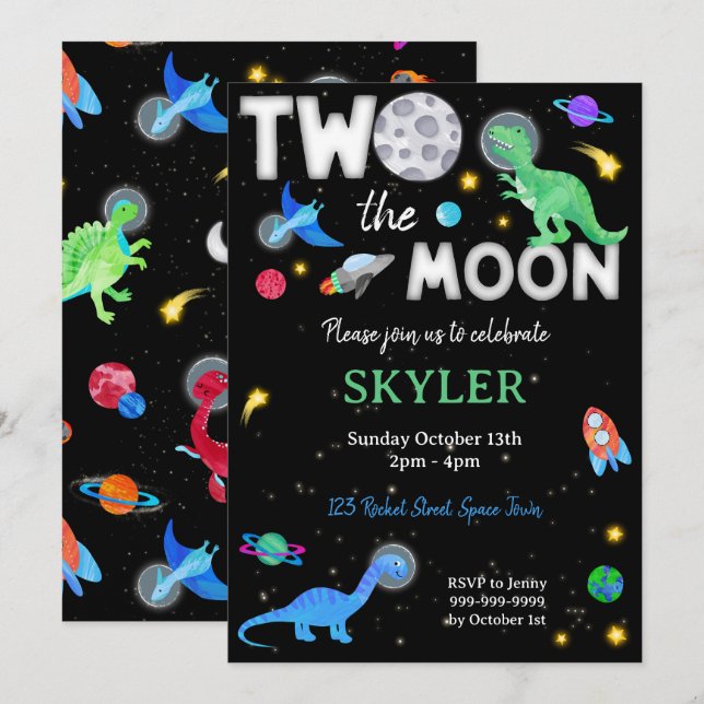Convites Dois Para a Lua Dinossauro Astronauta 2º Aniversár (Frente/Verso)
