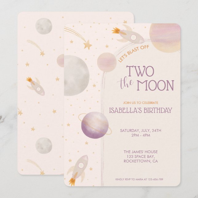 Convites Dois para a Lua Menina Planetas Estrelas 2º Aniver (Frente/Verso)