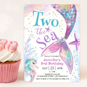 Convites Dois Para a Menina Rosa Sereia Aniversário de 2 An