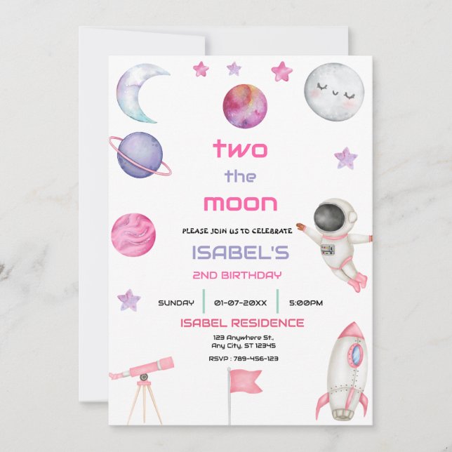 Convites Dois para o Aniversário da Menina na Lua (Frente)