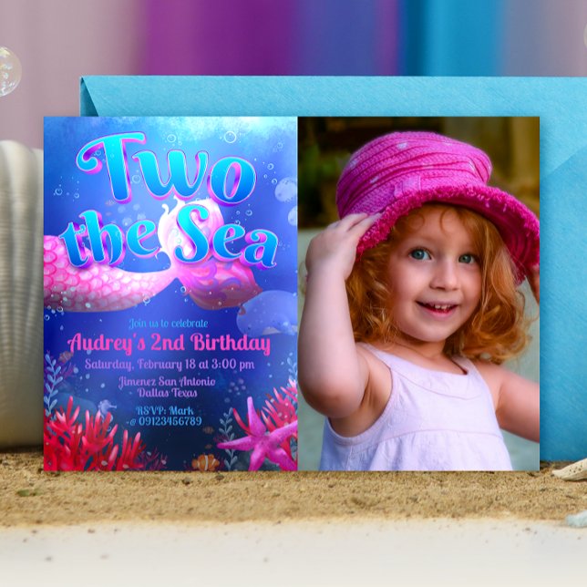 Convites Dois para o Mar com Paisagem de Foto (Two the Sea - Girl Mermaid 2nd Birthday Landscape Invitation with Picture)