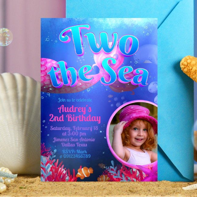 Convites Dois para o Mar - Sereia com Foto (Two the Sea - Girl Mermaid 2nd Birthday Invitation with Picture)