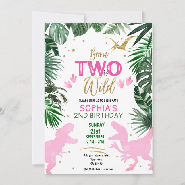 Convites Dois para ser Festa de aniversário rosa WILD Dinos (Frente)