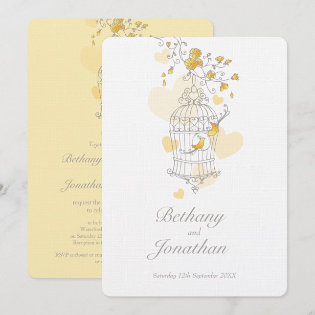 Convites Dois pássaros amarelos abrem casamento de aves (Frente/Verso)