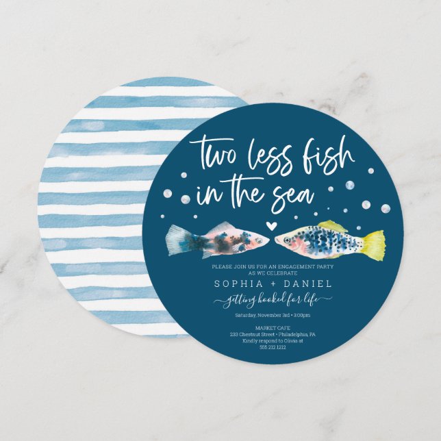Convites Dois Peixes A Menos Na Festa de noivado Do Mar (Frente/Verso)