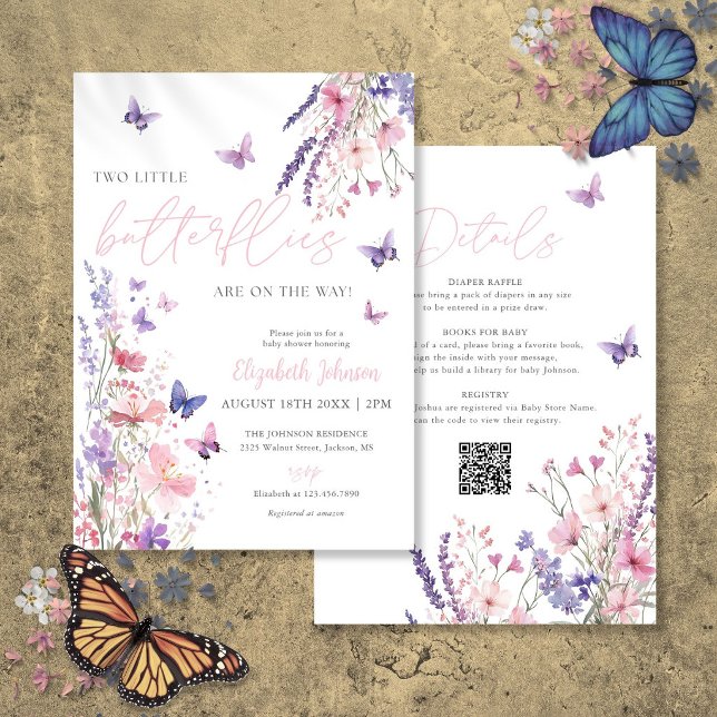 Convites Dois Pequenos Borboletas Gêmeos Chuveiro de Bebê T (Two Little Butterflies Twin Baby Shower All In One Invitation)