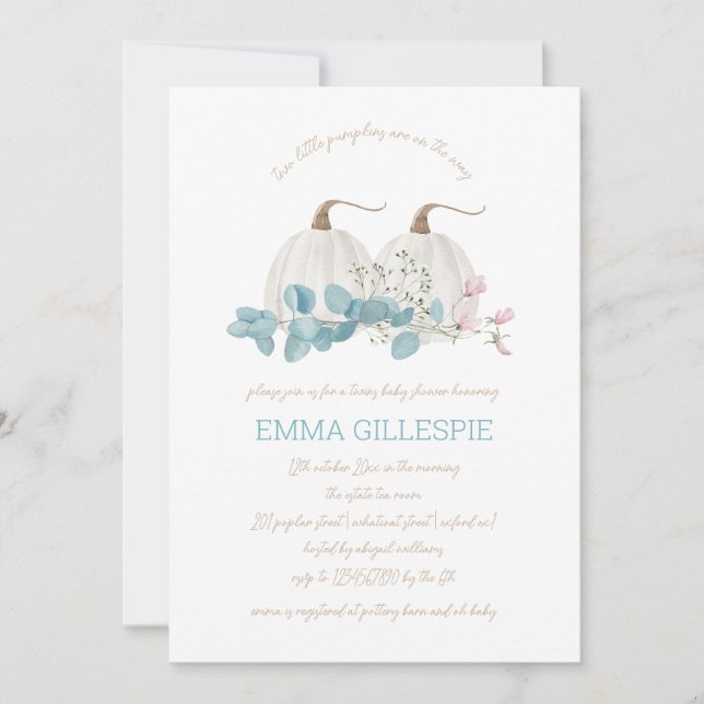 Convites Dois Pequenos Pumpkins Queda Chá de fraldas Gêmeos (Frente)