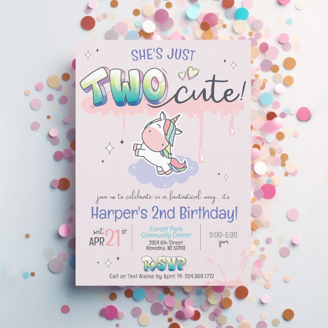 Convites DOIS segundo aniversário Bonito do Unicórnio Rainb (TWO cute girly kawaii unicorn rainbow pink purple graffiti magic girl birthday invitation)