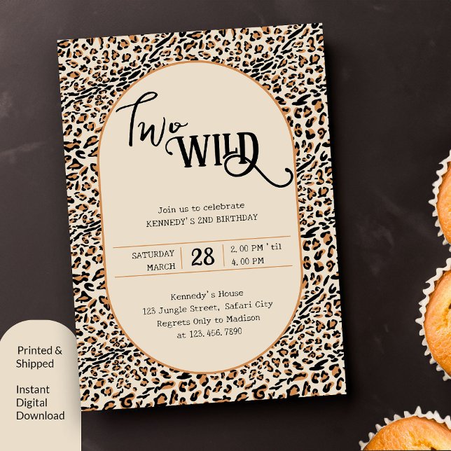 Convites Dois segundo aniversário Neutro Impresso de Leopar (Two Wild 2nd Birthday Invitation with leopard print)