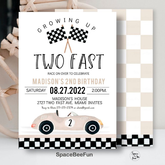 Convites DOIS segundo aniversário Rápido de Carro de Convoc (TWO Fast Birthday Invitation,Race Car 2nd Birthday,Invite Racing Car Vintage,Racecar Beige boho gend)