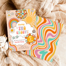 Convites Dois segundo aniversário Retro 70s Rainbow Girl