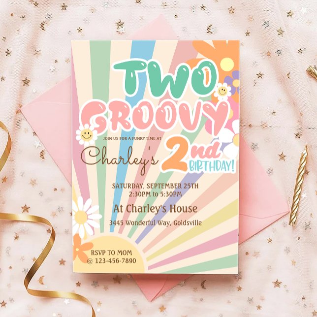 Convites Dois segundo aniversário Retro Sunshine Daisy Boho (Criador carregado)