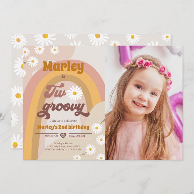 Convites Dois segundo de aniversário de 2 Groovy Retro Boho (Frente/Verso)