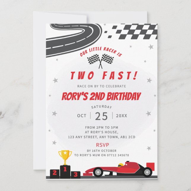 Convites Dois segundos aniversários de Carro de Corrida Ver (Frente)