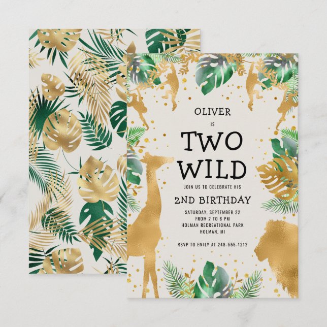 Convites Dois Wild Safari Green Dourado segundo aniversário (Frente/Verso)
