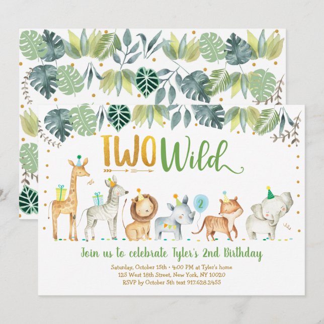 Convites Dois Wild Safari Jungle Birthday (Frente/Verso)