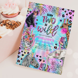 Convites Dois Wild Safari Neon Rainbow Cheetah Birthday