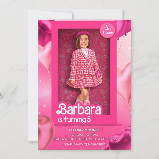 Convites Doll Box Birthday Invitation - Barbie-Inspired Pin (Frente)