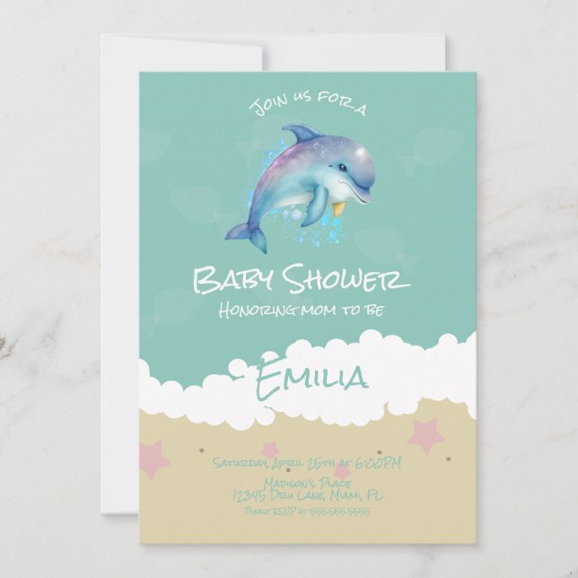 Convites Dolphin Beach Ocean Baby Shower (Frente)