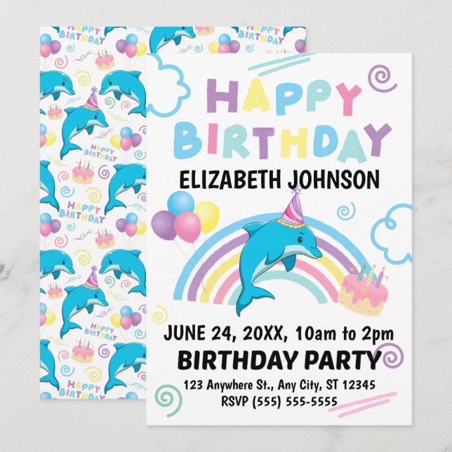 Convites Dolphin Birthday Invitation in White (Frente/Verso)