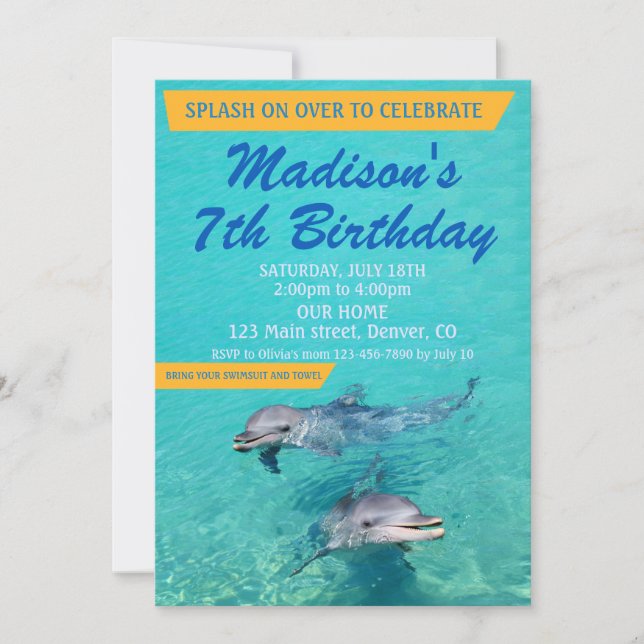 Convites Dolphin birthday invitation Pool party invite (Frente)