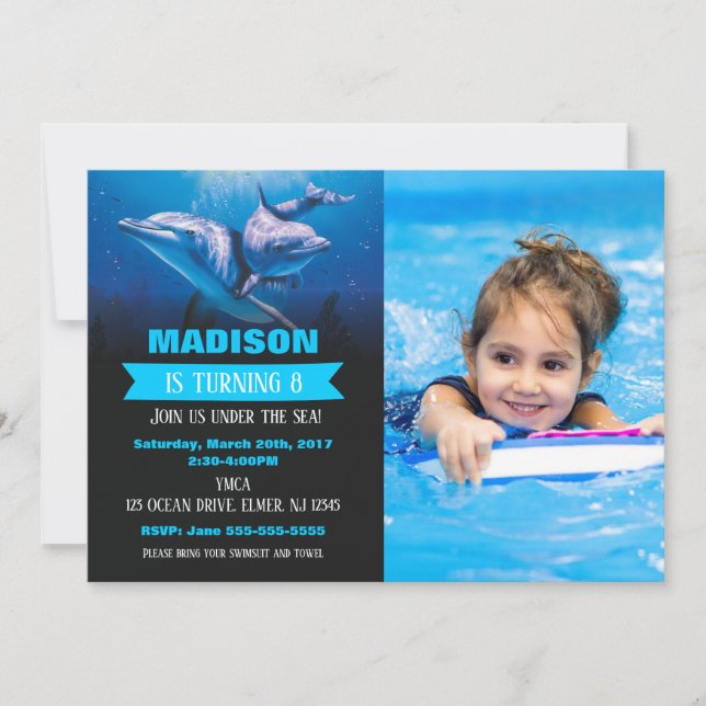 Convites Dolphin Birthday Photo Invitation Pool Party (Frente)