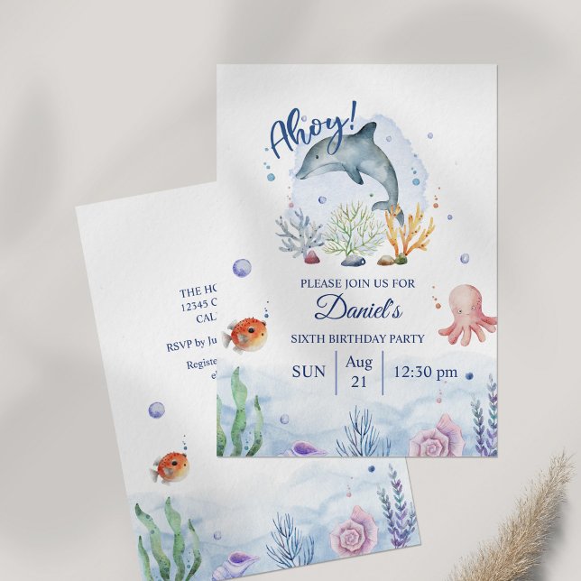 Convites Dolphin Sealife Birthday (Watercolor Dolphin Sealife Birthday Invitation on table.)