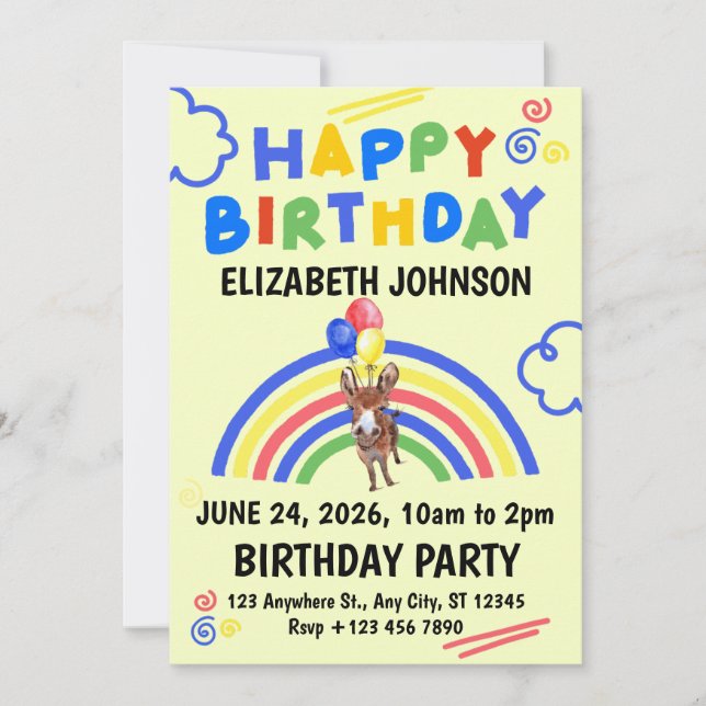 Convites Donkey Birthday Invitation in Yellow (Frente)