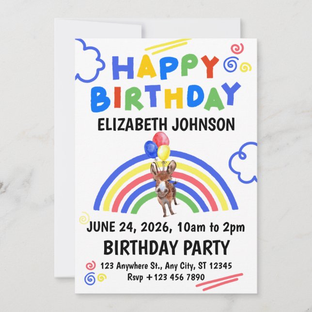 Convites Donkey Birthday Invitation White (Frente)