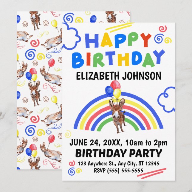 Convites Donkey Birthday Invitation White (Frente/Verso)